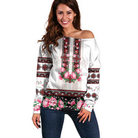 Red Romanian National Costume Off Shoulder Sweater Peony Flowers Traditional Folk Pattern - Wonder Print Shop