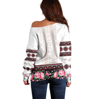 Red Romanian National Costume Off Shoulder Sweater Peony Flowers Traditional Folk Pattern - Wonder Print Shop