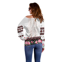 Red Romanian National Costume Off Shoulder Sweater Peony Flowers Traditional Folk Pattern - Wonder Print Shop