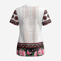 Red Romanian National Costume Scrub Top Peony Flowers Traditional Folk Pattern - Wonder Print Shop