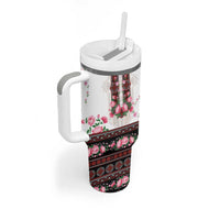 Red Romanian National Costume Tumbler With Handle Peony Flowers Traditional Folk Pattern - Wonder Print Shop