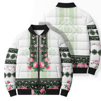 Green Romanian National Costume Bomber Puffer Jacket Peony Flowers Traditional Folk Pattern - Wonder Print Shop