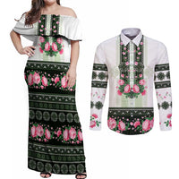 Green Romanian National Costume Couples Matching Off Shoulder Maxi Dress and Long Sleeve Button Shirt Peony Flowers Traditional Folk Pattern - Wonder Print Shop