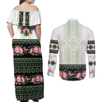 Green Romanian National Costume Couples Matching Off Shoulder Maxi Dress and Long Sleeve Button Shirt Peony Flowers Traditional Folk Pattern - Wonder Print Shop