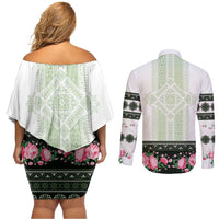 Green Romanian National Costume Couples Matching Off Shoulder Short Dress and Long Sleeve Button Shirt Peony Flowers Traditional Folk Pattern - Wonder Print Shop