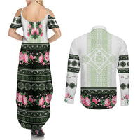 Green Romanian National Costume Couples Matching Summer Maxi Dress and Long Sleeve Button Shirt Peony Flowers Traditional Folk Pattern - Wonder Print Shop