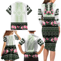Green Romanian National Costume Family Matching Long Sleeve Bodycon Dress and Hawaiian Shirt Peony Flowers Traditional Folk Pattern - Wonder Print Shop