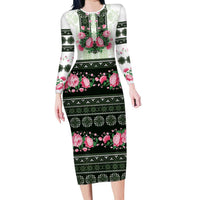 Green Romanian National Costume Family Matching Long Sleeve Bodycon Dress and Hawaiian Shirt Peony Flowers Traditional Folk Pattern - Wonder Print Shop