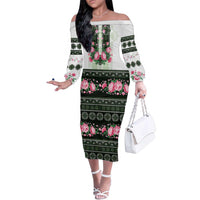 Green Romanian National Costume Family Matching Off The Shoulder Long Sleeve Dress and Hawaiian Shirt Peony Flowers Traditional Folk Pattern - Wonder Print Shop