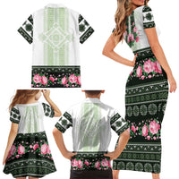 Green Romanian National Costume Family Matching Short Sleeve Bodycon Dress and Hawaiian Shirt Peony Flowers Traditional Folk Pattern - Wonder Print Shop