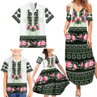 Green Romanian National Costume Family Matching Summer Maxi Dress and Hawaiian Shirt Peony Flowers Traditional Folk Pattern - Wonder Print Shop