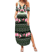 Green Romanian National Costume Family Matching Summer Maxi Dress and Hawaiian Shirt Peony Flowers Traditional Folk Pattern - Wonder Print Shop
