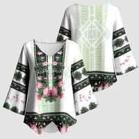 Green Romanian National Costume Kimono Sleeve Blouse Peony Flowers Traditional Folk Pattern - Wonder Print Shop