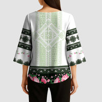 Green Romanian National Costume Kimono Sleeve Blouse Peony Flowers Traditional Folk Pattern - Wonder Print Shop