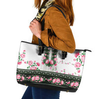 Green Romanian National Costume Leather Tote Bag Peony Flowers Traditional Folk Pattern - Wonder Print Shop