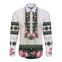 Green Romanian National Costume Long Sleeve Button Shirt Peony Flowers Traditional Folk Pattern - Wonder Print Shop