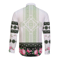 Green Romanian National Costume Long Sleeve Button Shirt Peony Flowers Traditional Folk Pattern - Wonder Print Shop