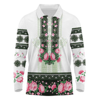 Green Romanian National Costume Long Sleeve Polo Shirt Peony Flowers Traditional Folk Pattern - Wonder Print Shop