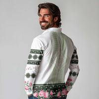 Green Romanian National Costume Long Sleeve Polo Shirt Peony Flowers Traditional Folk Pattern - Wonder Print Shop