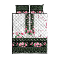 Green Romanian National Costume Quilt Bed Set Peony Flowers Traditional Folk Pattern - Wonder Print Shop