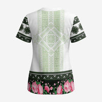 Green Romanian National Costume Scrub Top Peony Flowers Traditional Folk Pattern - Wonder Print Shop