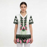 Green Romanian National Costume Scrub Top Peony Flowers Traditional Folk Pattern - Wonder Print Shop