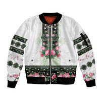 Green Romanian National Costume Sleeve Zip Bomber Jacket Peony Flowers Traditional Folk Pattern - Wonder Print Shop