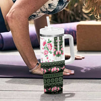 Green Romanian National Costume Tumbler With Handle Peony Flowers Traditional Folk Pattern - Wonder Print Shop