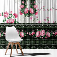 Green Romanian National Costume Window Curtain Peony Flowers Traditional Folk Pattern - Wonder Print Shop