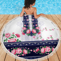 Navy Romanian National Costume Beach Blanket Peony Flowers Traditional Folk Pattern - Wonder Print Shop
