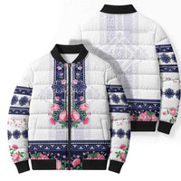 Navy Romanian National Costume Bomber Puffer Jacket Peony Flowers Traditional Folk Pattern - Wonder Print Shop
