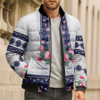 Navy Romanian National Costume Bomber Puffer Jacket Peony Flowers Traditional Folk Pattern - Wonder Print Shop