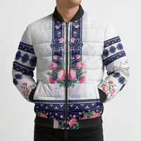 Navy Romanian National Costume Bomber Puffer Jacket Peony Flowers Traditional Folk Pattern - Wonder Print Shop