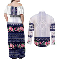 Navy Romanian National Costume Couples Matching Off Shoulder Maxi Dress and Long Sleeve Button Shirt Peony Flowers Traditional Folk Pattern - Wonder Print Shop