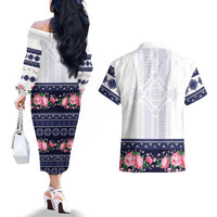 Navy Romanian National Costume Couples Matching Off The Shoulder Long Sleeve Dress and Hawaiian Shirt Peony Flowers Traditional Folk Pattern - Wonder Print Shop