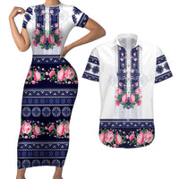 Navy Romanian National Costume Couples Matching Short Sleeve Bodycon Dress and Hawaiian Shirt Peony Flowers Traditional Folk Pattern - Wonder Print Shop