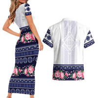 Navy Romanian National Costume Couples Matching Short Sleeve Bodycon Dress and Hawaiian Shirt Peony Flowers Traditional Folk Pattern - Wonder Print Shop