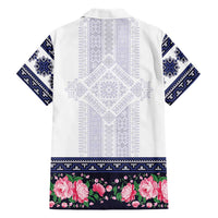 Navy Romanian National Costume Family Matching Off Shoulder Short Dress and Hawaiian Shirt Peony Flowers Traditional Folk Pattern - Wonder Print Shop