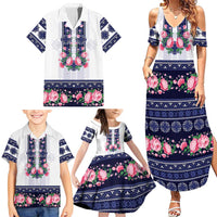 Navy Romanian National Costume Family Matching Summer Maxi Dress and Hawaiian Shirt Peony Flowers Traditional Folk Pattern - Wonder Print Shop