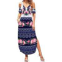 Navy Romanian National Costume Family Matching Summer Maxi Dress and Hawaiian Shirt Peony Flowers Traditional Folk Pattern - Wonder Print Shop
