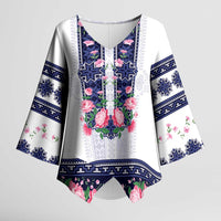 Navy Romanian National Costume Kimono Sleeve Blouse Peony Flowers Traditional Folk Pattern - Wonder Print Shop