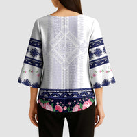 Navy Romanian National Costume Kimono Sleeve Blouse Peony Flowers Traditional Folk Pattern - Wonder Print Shop