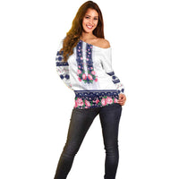 Navy Romanian National Costume Off Shoulder Sweater Peony Flowers Traditional Folk Pattern - Wonder Print Shop