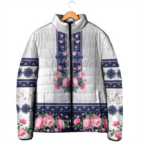Navy Romanian National Costume Padded Jacket Peony Flowers Traditional Folk Pattern - Wonder Print Shop