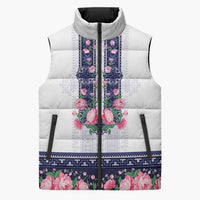 Navy Romanian National Costume Sleeveless Puffer Jacket Peony Flowers Traditional Folk Pattern - Wonder Print Shop