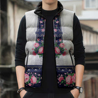 Navy Romanian National Costume Sleeveless Puffer Jacket Peony Flowers Traditional Folk Pattern - Wonder Print Shop