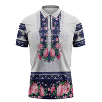 Navy Romanian National Costume Zipper Polo Shirt Peony Flowers Traditional Folk Pattern - Wonder Print Shop