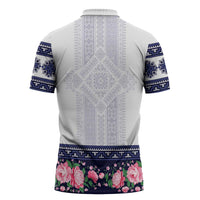 Navy Romanian National Costume Zipper Polo Shirt Peony Flowers Traditional Folk Pattern - Wonder Print Shop