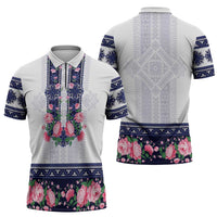 Navy Romanian National Costume Zipper Polo Shirt Peony Flowers Traditional Folk Pattern - Wonder Print Shop