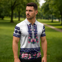 Navy Romanian National Costume Zipper Polo Shirt Peony Flowers Traditional Folk Pattern - Wonder Print Shop